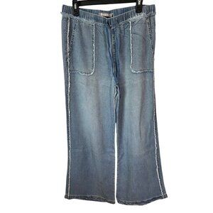 Tractr Womens Indigo-Dyed Wide-Leg Denim Pants With Drawstring Waist & Frayed Po